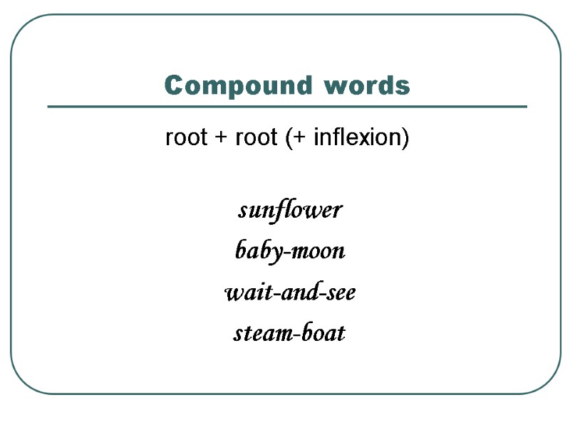 Compound words root + root (+ inflexion)  sunflower baby-moon wait-and-see steam-boat